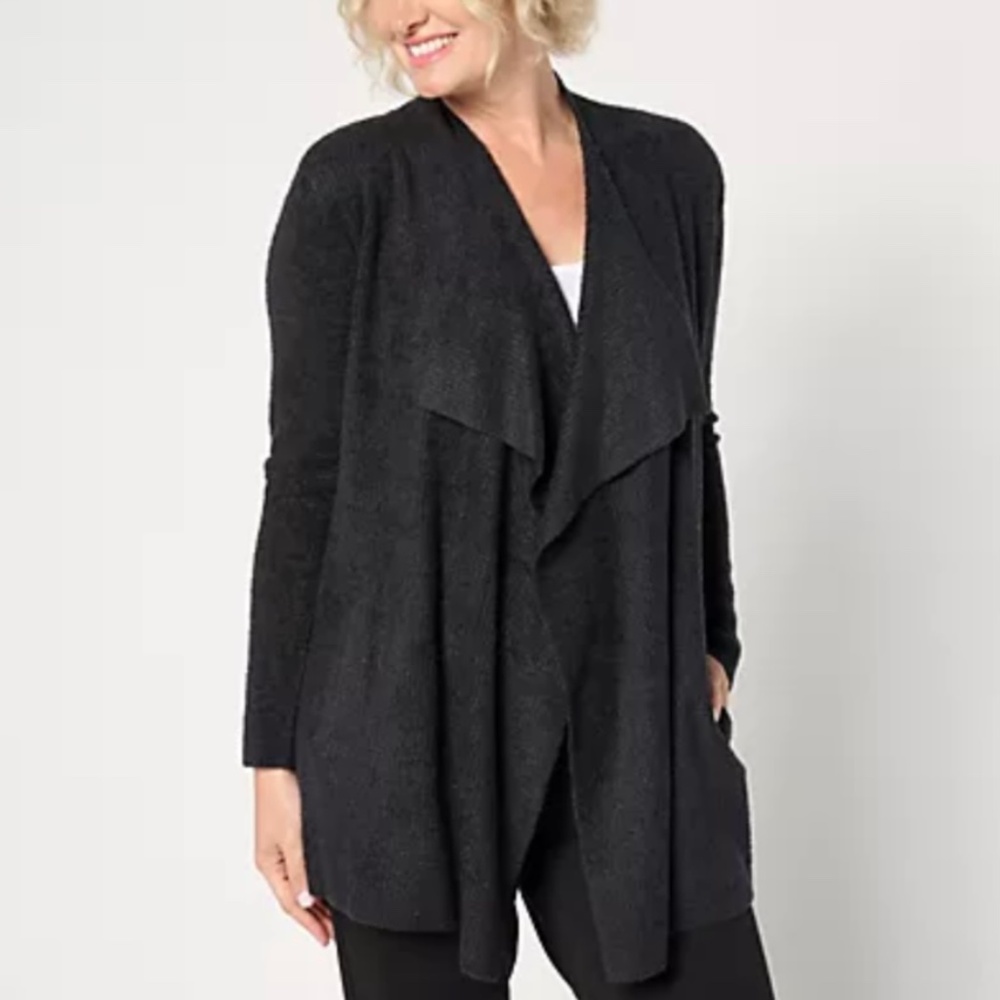 Barefoot Dreams CozyChic Lite Ribbed Island Wrap Cardigan Black SZ S/M